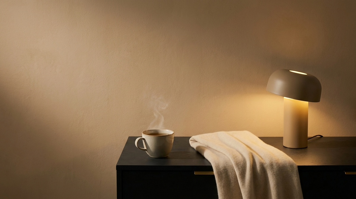 Calm evening bedside with herbal tea and warm lamp light, bedtime routine — OASISÉ