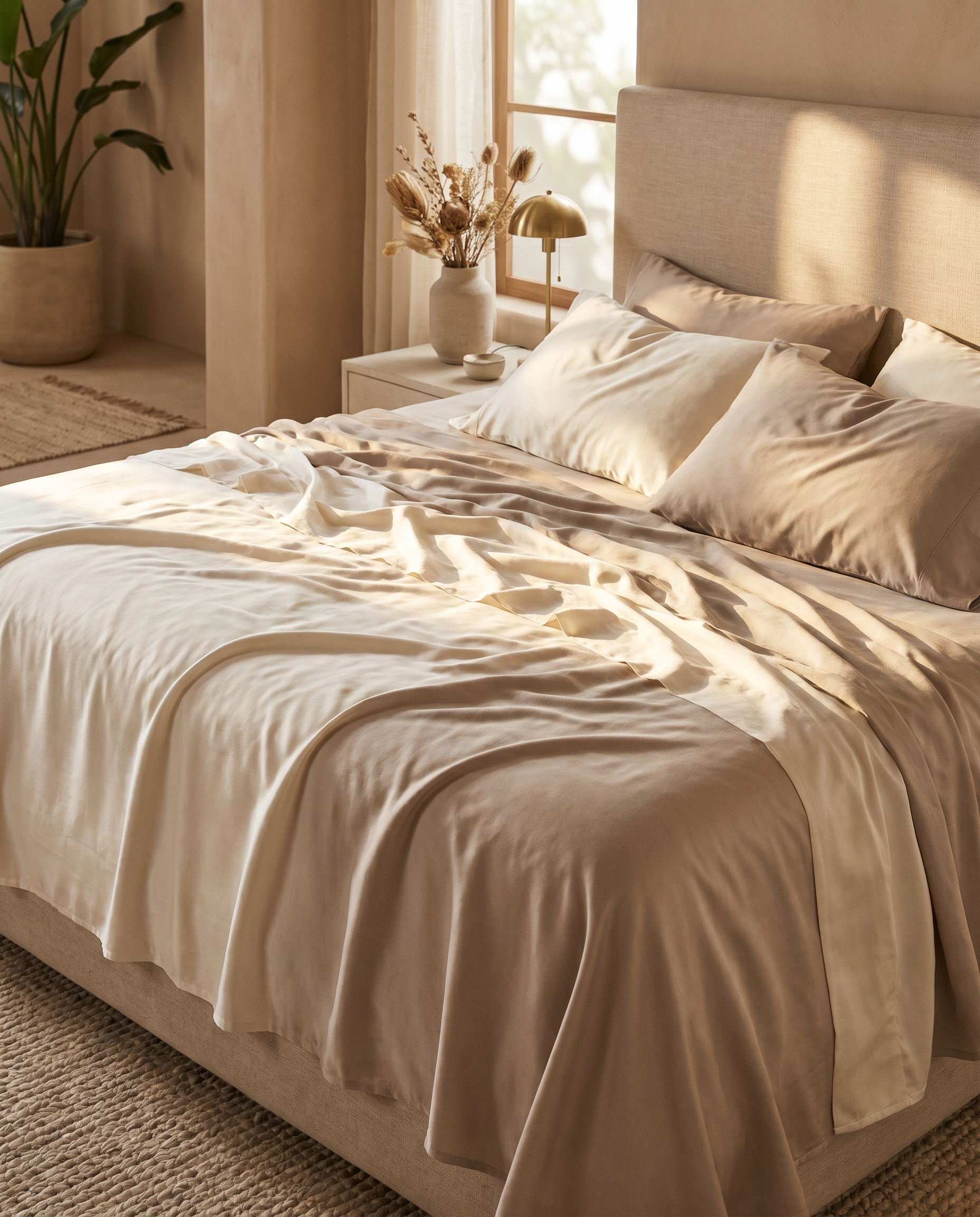 OASISÉ Bamboo Sheet Set on a luxuriously made bed in a serene minimal bedroom