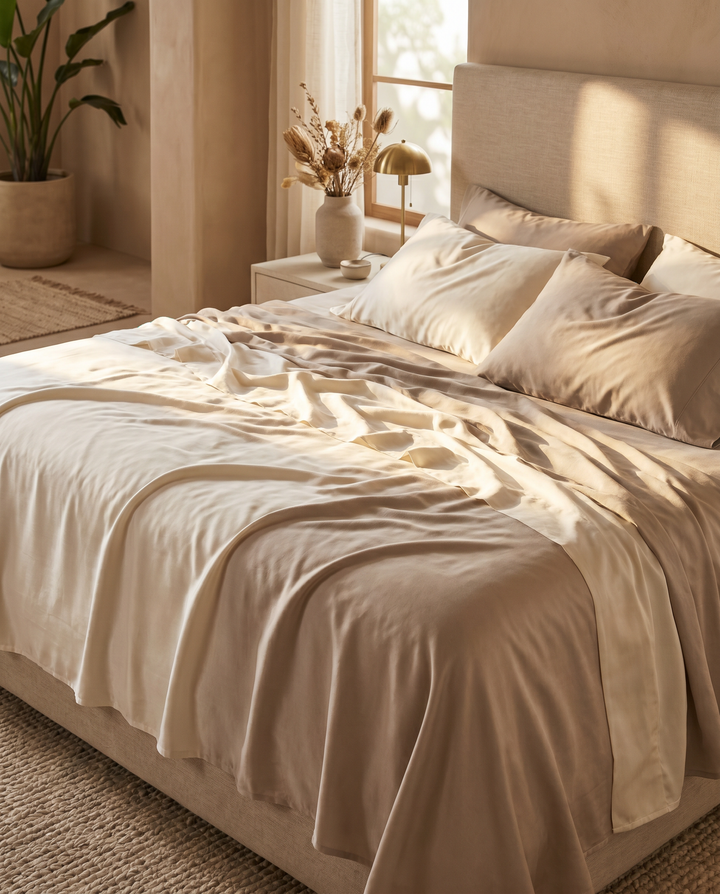 OASISÉ Bamboo Sheet Set on a luxuriously made bed in a serene minimal bedroom