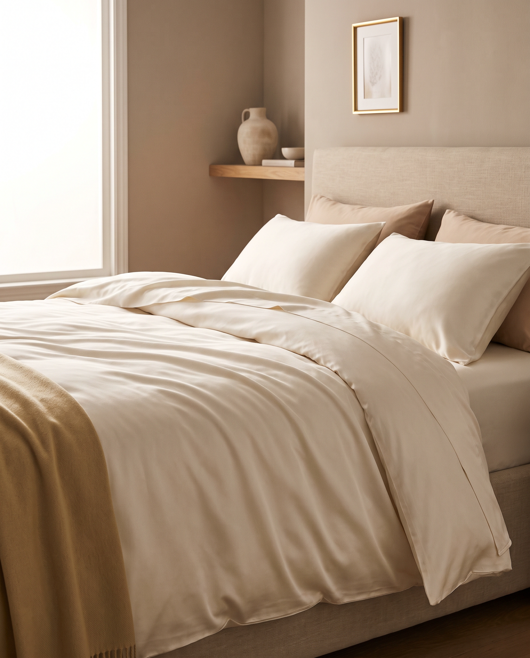 OASISÉ Bamboo Duvet Cover in champagne white on a made bed