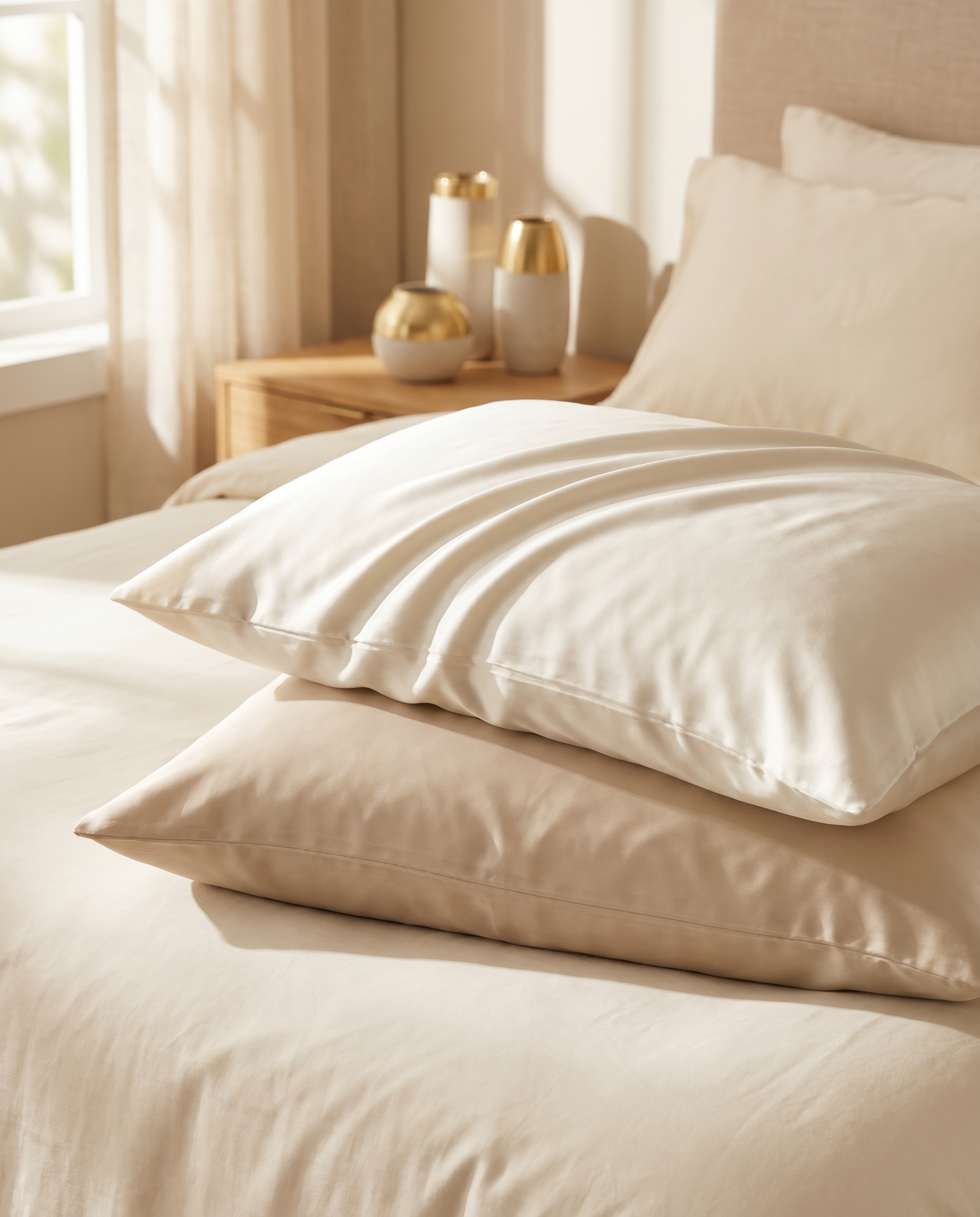 OASISÉ Bamboo Pillowcases in champagne white and oat on a made bed