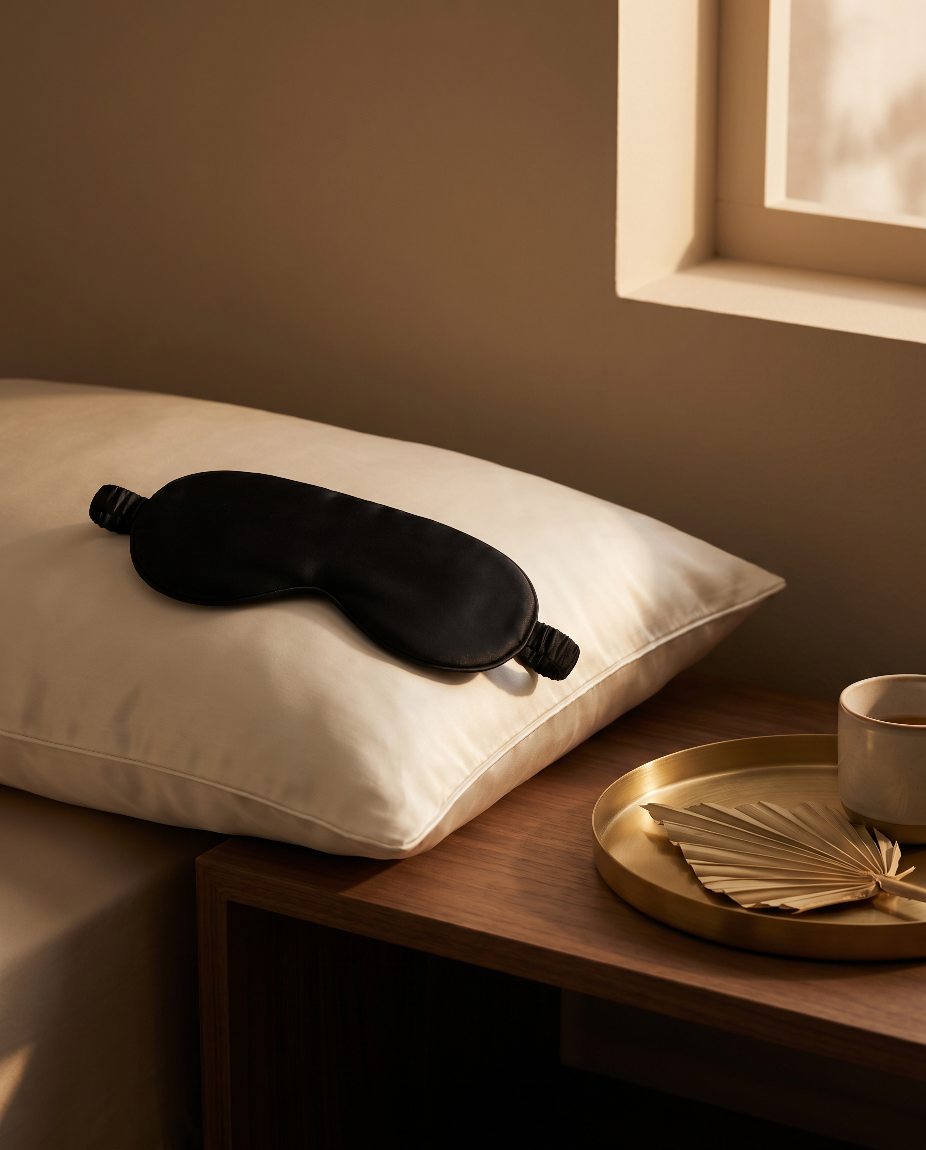 OASISÉ Bamboo Sleep Mask resting on a bamboo pillow