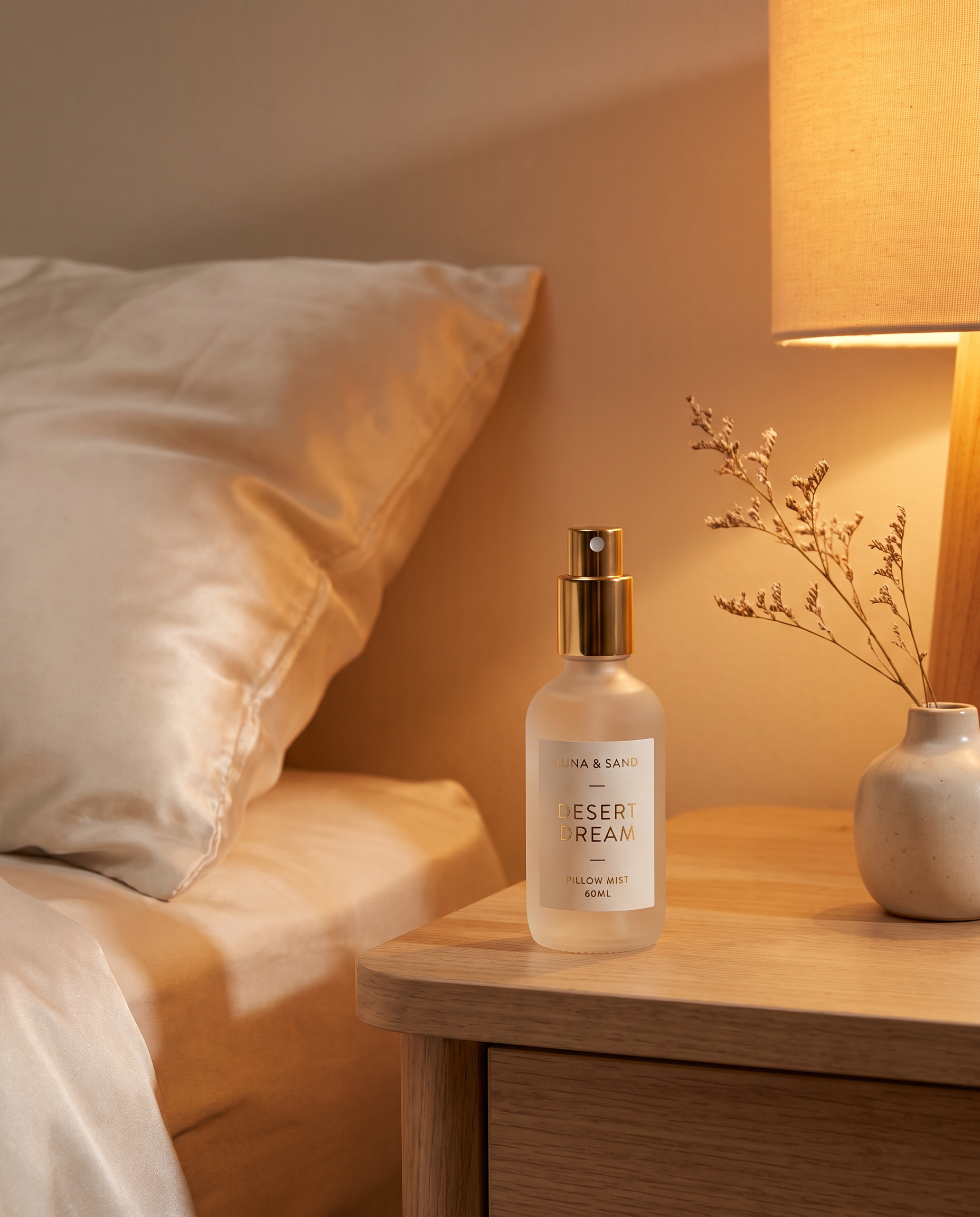 OASISÉ Dune Mist Pillow Spray on a serene bedside table