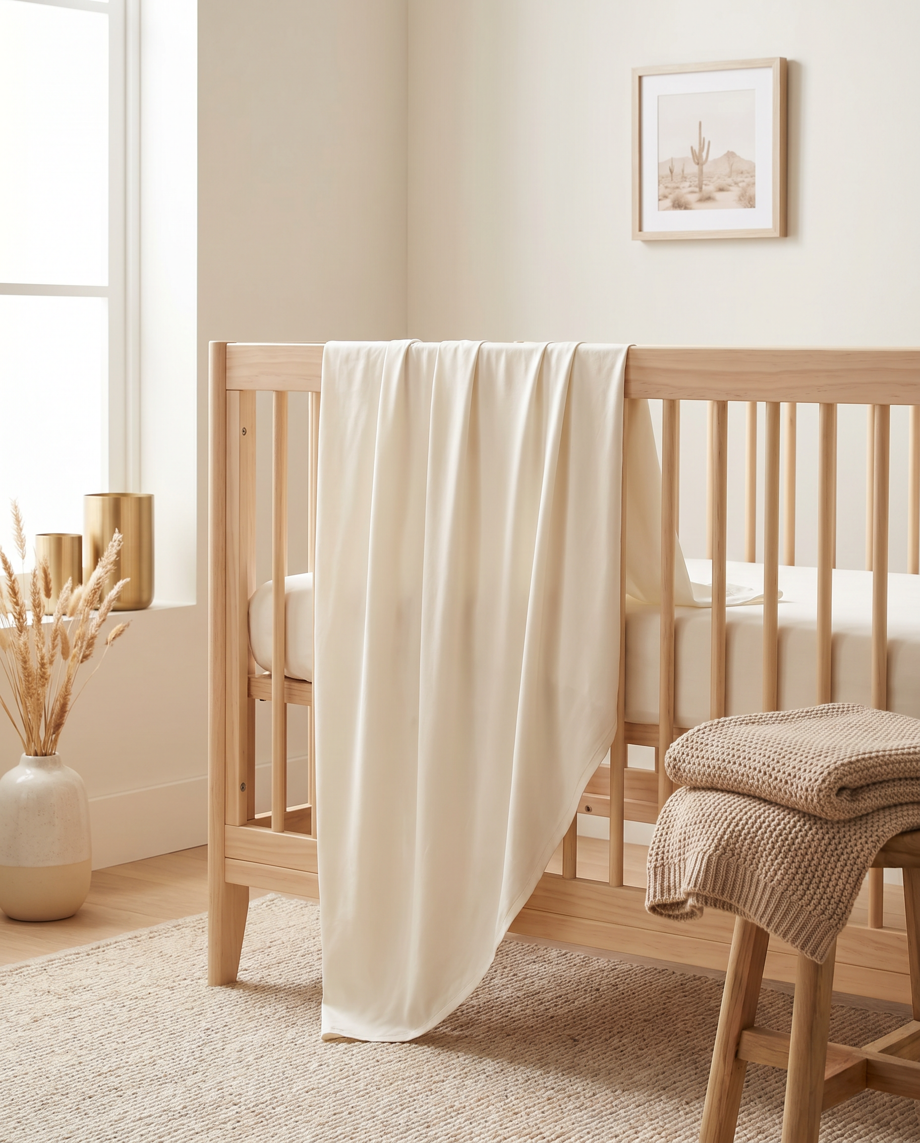 OASISÉ Bamboo Crib Sheet on a wooden crib in a minimal nursery