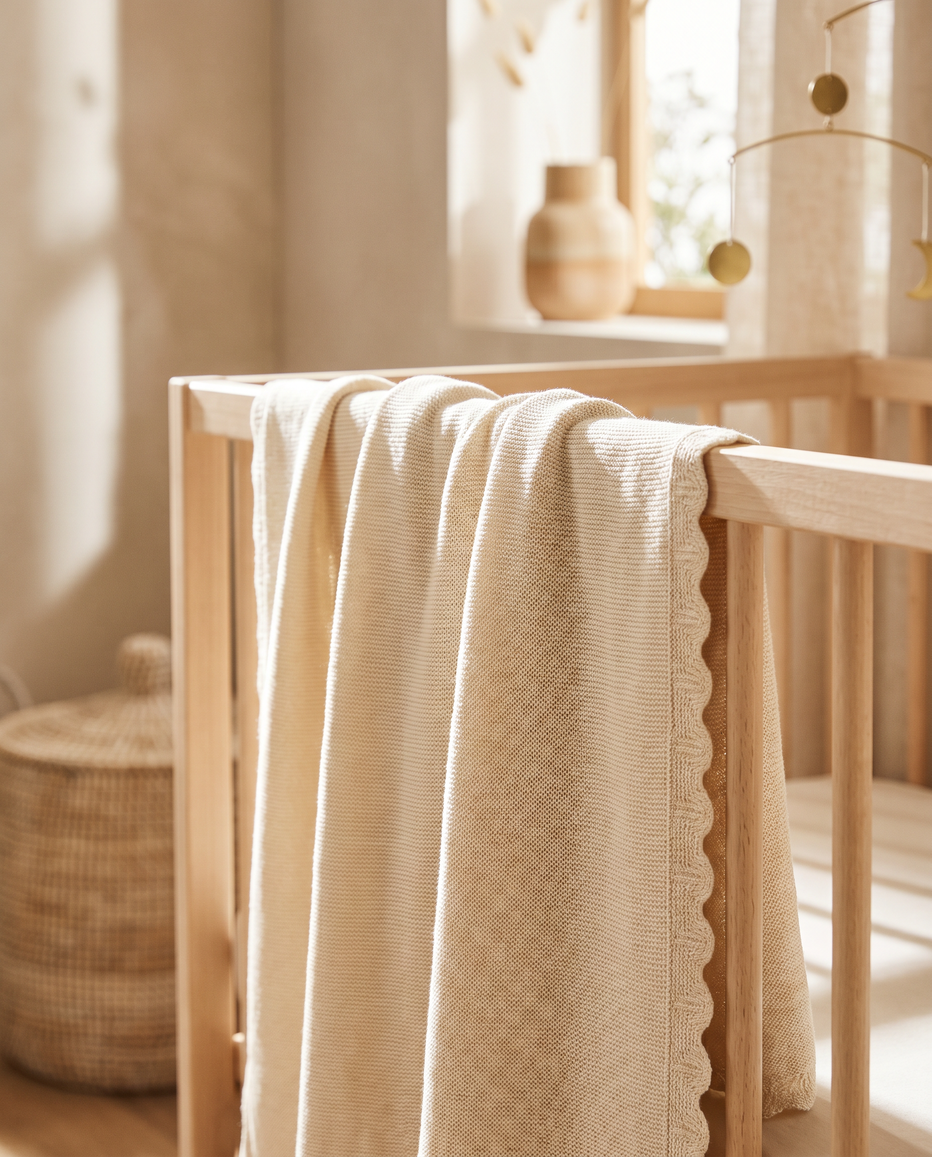OASISÉ Bamboo Baby Blanket with scalloped trim over a crib rail