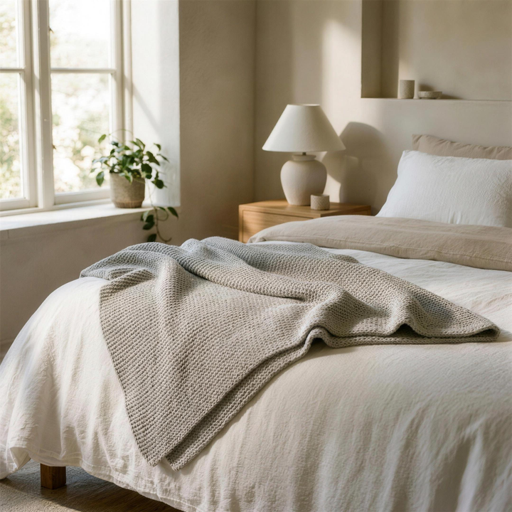 OASISÉ Cooling Knit Quilt in light grey draped on the corner of a made bed