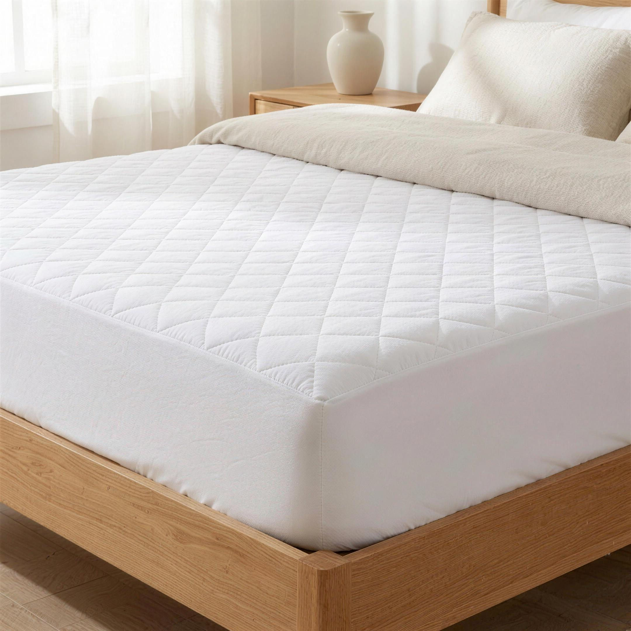 OASISÉ Bamboo Mattress Pad fitted on a mattress showing the deep skirt