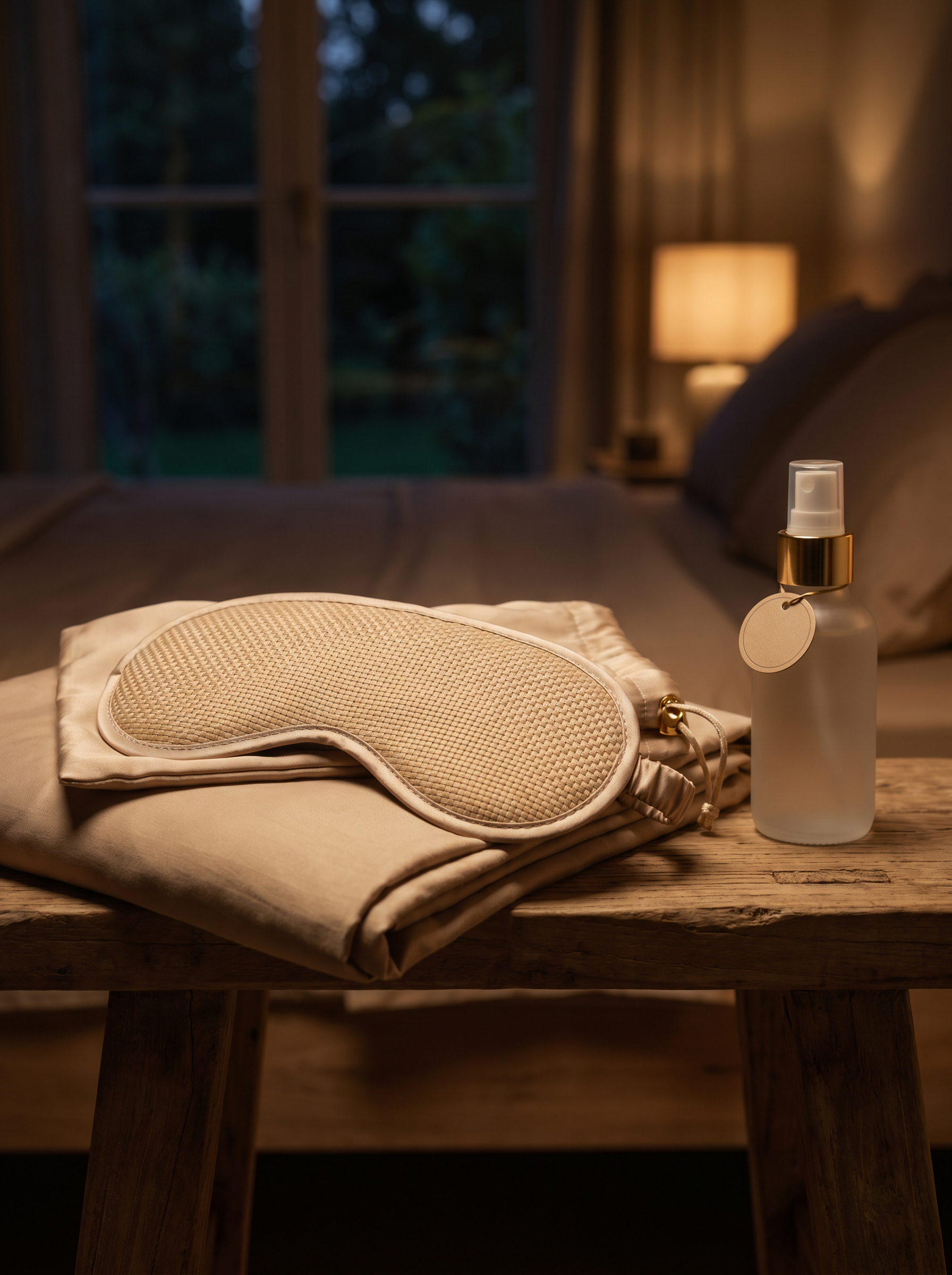 OASISÉ bamboo sleep mask and pillow mist on a bedside table