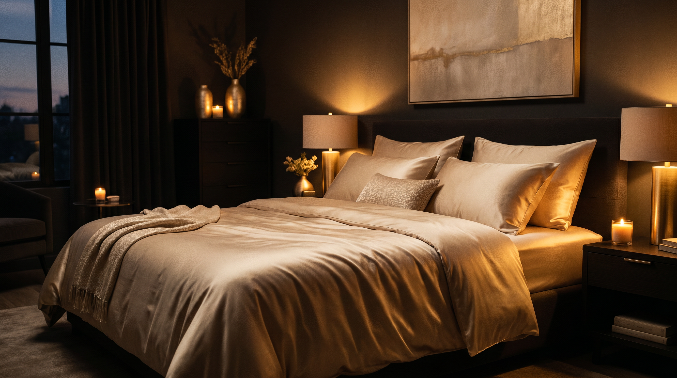 OASISÉ bedroom at dusk dressed in bamboo bedding