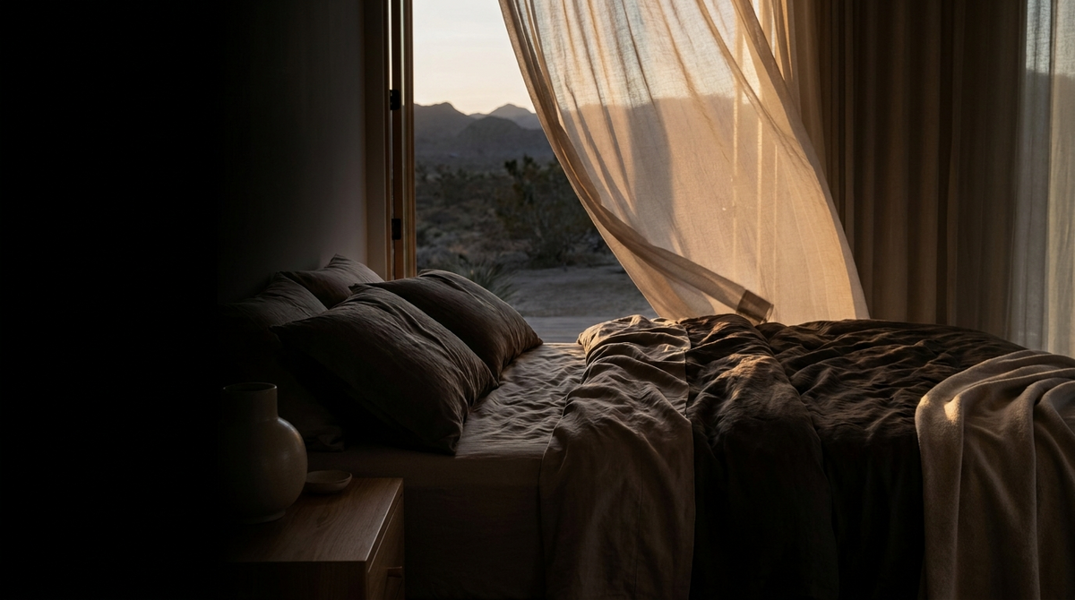 Cool bamboo bedding by an open window — temperature-regulating